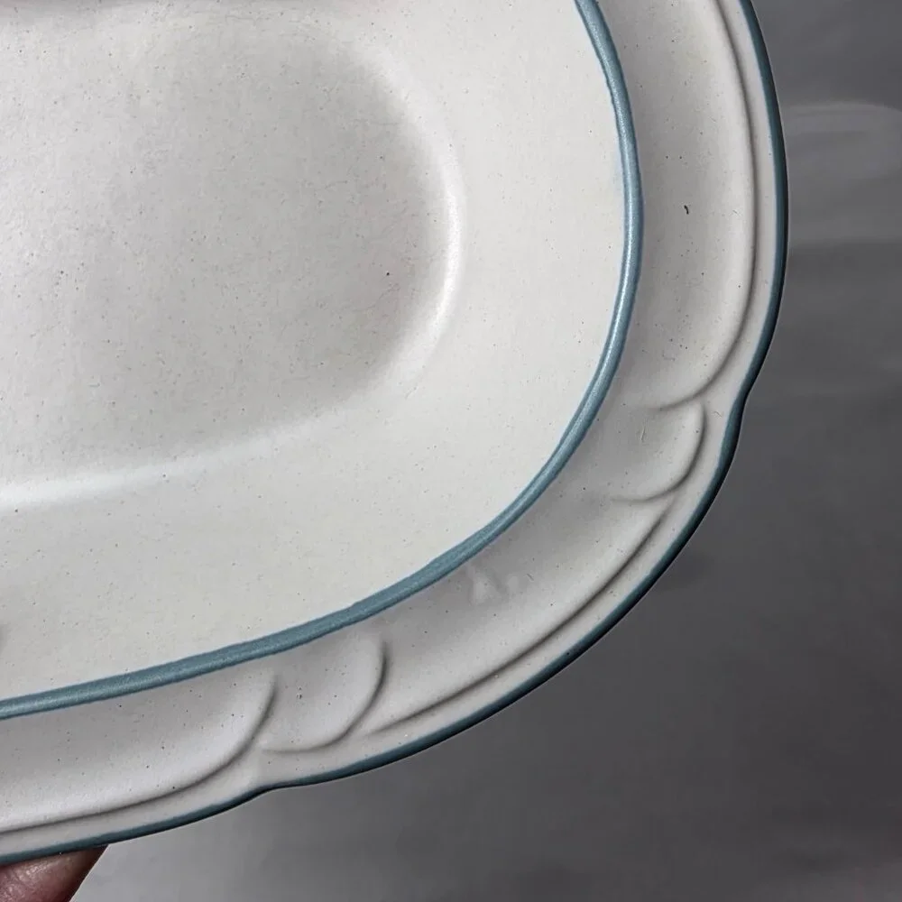 Country Ware Ashberry 10 Inch Oval Serving Bowl White with Blue Scalloped Edge